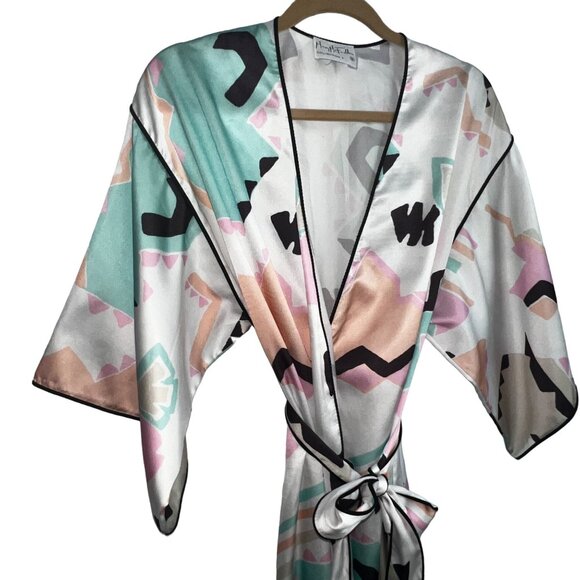 Mary McFadden Collection I Silky Kimono Robe Geometric Abstract Print Satin S - Picture 8 of 15